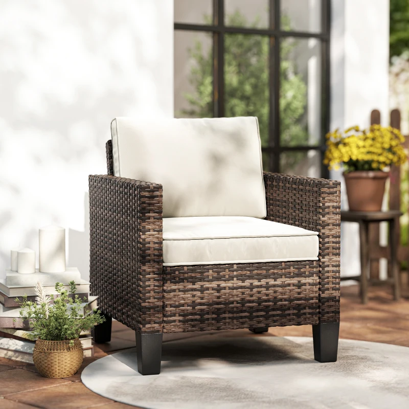 Outsunny Single Outdoor Wicker Chair, Rattan Patio Chair with Armrests and Cushions for Balcony, Porch, Deck, Cream White
