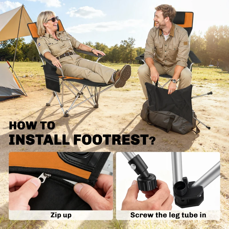 Outsunny Set of 2 Reclining Camping Chair with Foot Rest, Folding Camping Chair w/ Headrest, Cup Holder, Storage Bag, Orange