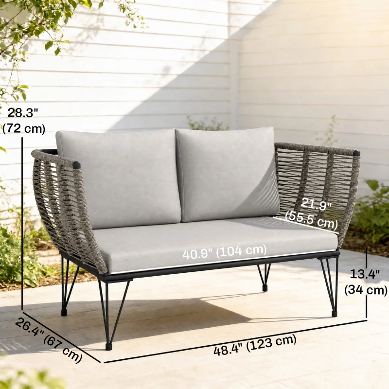 Outsunny Outdoor Couch Patio Sofa with Cushions, 2 Seater Patio Furniture Loveseat with Galvanized Steel Frame, Light Grey