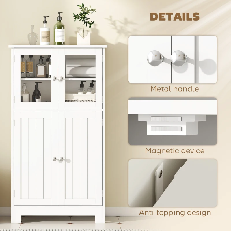 kleankin Bathroom Floor Storage Cabinet with Tempered Glass Doors and Adjustable Shelf, Kitchen Cupboard, Free Standing Organizer for Living Room Entryway, White