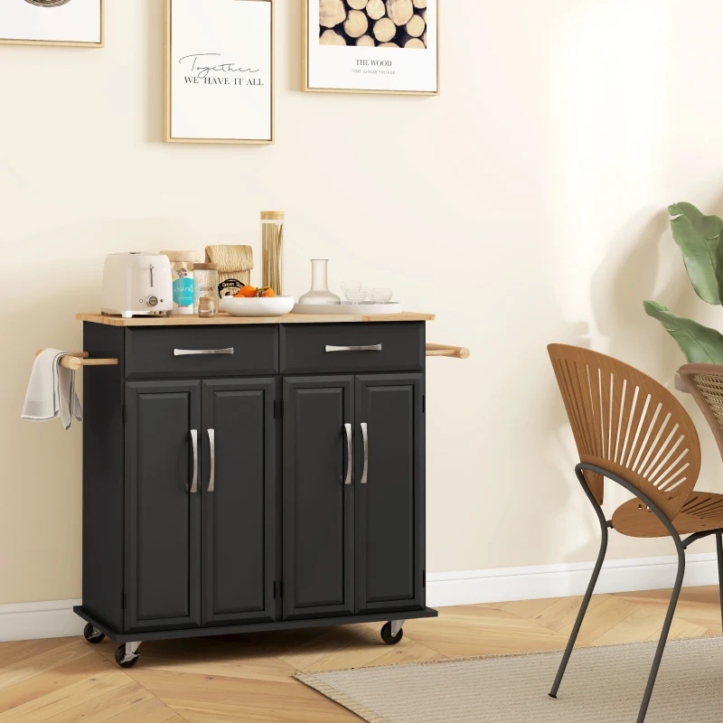 HOMCOM Kitchen Island on Wheels with Rubberwood Top, Rolling Kitchen Cart with 2 Drawers, 4 Doors and Adjustable Shelves