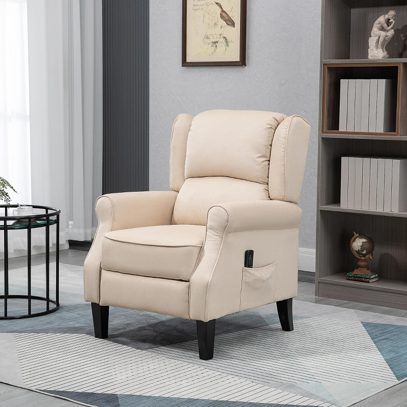 HOMCOM Massage Recliner Chair for Living Room, Push Back Recliner Sofa, Suede Wingback Reclining Chair with Extendable Footrest, Wood Legs, Remote Control, Side Pockets, Beige