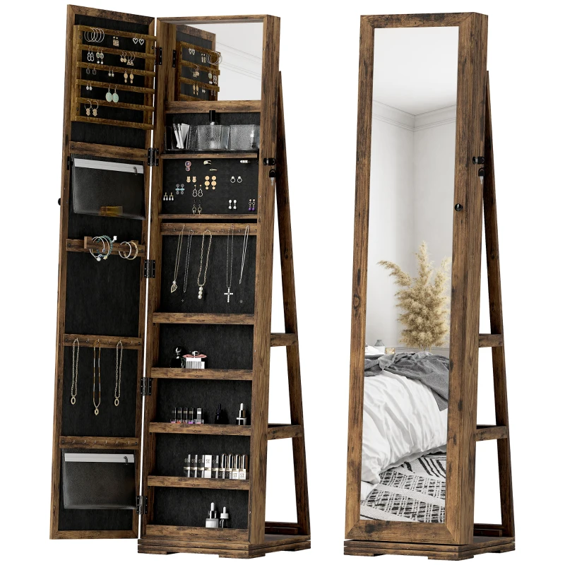 HOMCOM 360° Swivel Jewelry Armoire, Lockable Mirror Jewelry Cabinet with Built-In Small Mirror, Rustic Brown