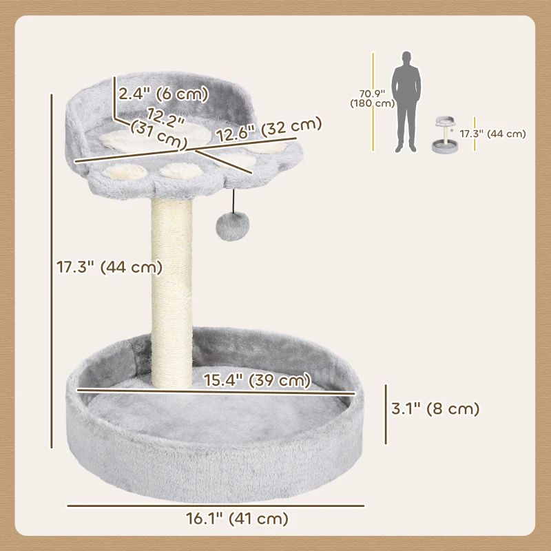PawHut 17" Small Cat Tree, Cat Tower with Sisal Scratching Post, Dangling Ball, Bed, Kitten Activity Centre, Light Grey