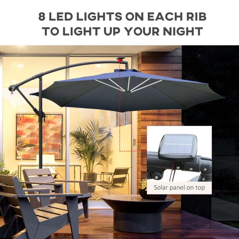 Outsunny 10ft Cantilever Solar Hanging Offset Umbrella Outdoor LED Lights Aluminum Market Banana Parasol Crank w/ Cross Base Garden Sun Shelter Blue