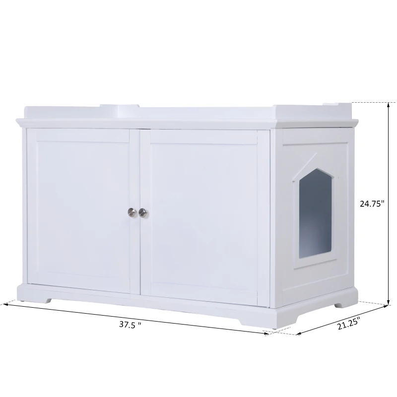 PawHut 37.5" Wooden Covered Mess Free Cat Litter Box End Table Hideaway Cabinet with Storage for Accessories, White