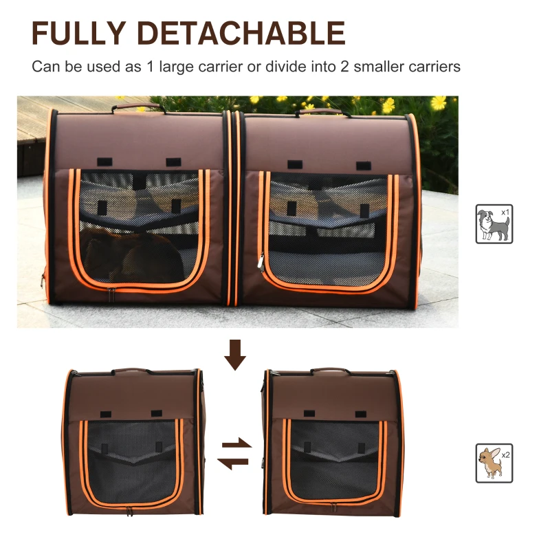 PawHut 39" Portable Soft-Sided Cat Carrier, Cat Kennel, Travel Dog Crate with Divider, Two Compartments, Soft Cushions & Storage Bag, Easy to Fold, Brown