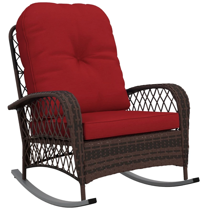 Outsunny Outdoor Wicker Rattan Rocking Chair Patio Rocker with Thick Cushions for Garden Backyard Porch, Red