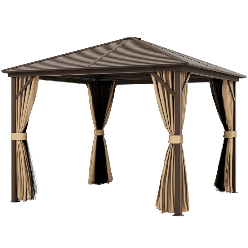 Outsunny 10' x 10' Hardtop Gazebo Outdoor Aluminum Gazebo Canopy with Mosquito Netting, Curtains, Hanging Hook, Brown