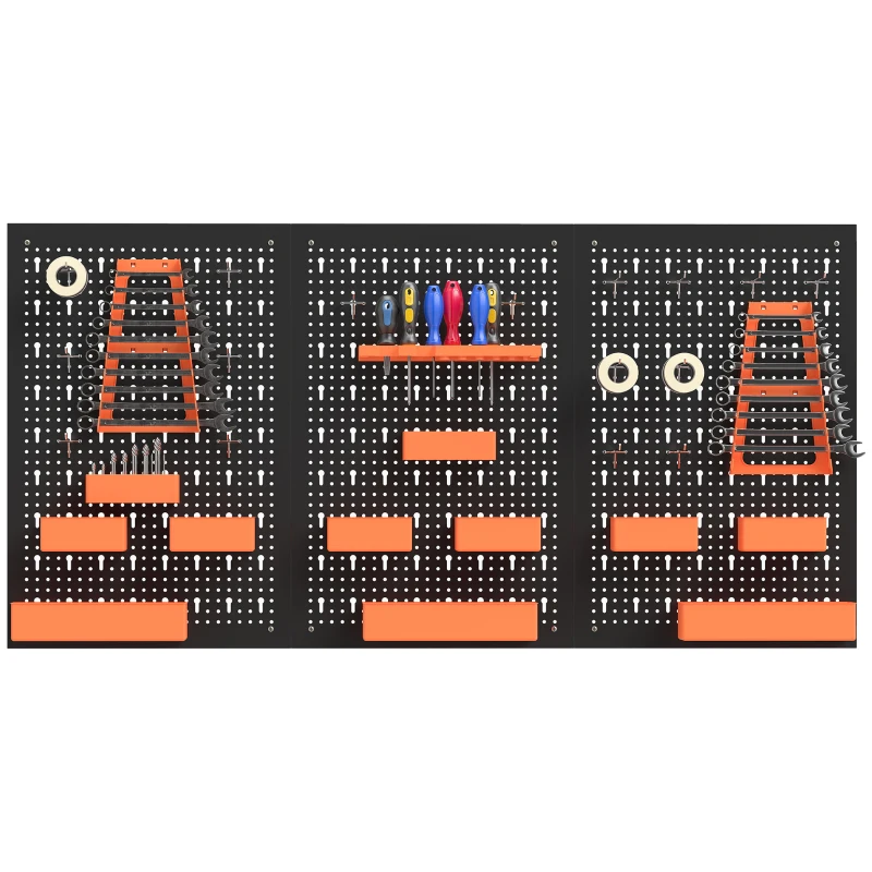 HOMCOM 33 Piece Metal Pegboard Panels, Peg Board with 16 Hooks, Bins and Racks, Black and Orange