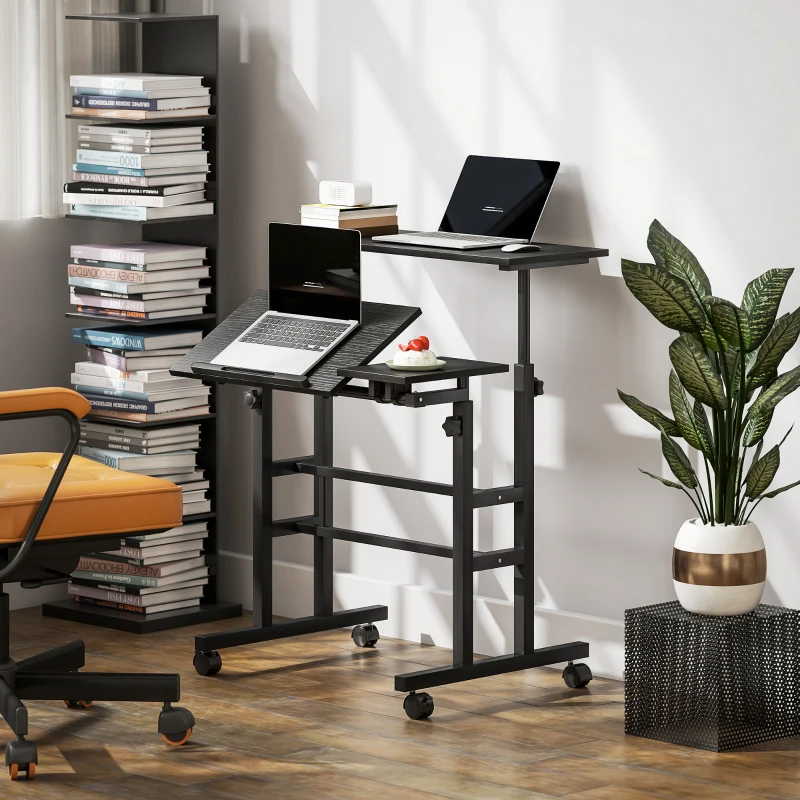 HOMCOM Mobile Stand Up Desk, Height & Angle Adjustable Computer Desk with Wheels for Standing or Sitting, Laptop Desk, Black
