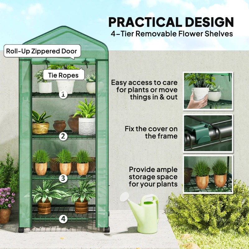 Outsunny Portable Greenhouse, Outdoor Hot House Plant Flower Greenhouse with 4 Tier Shelves, PE Cover, Green