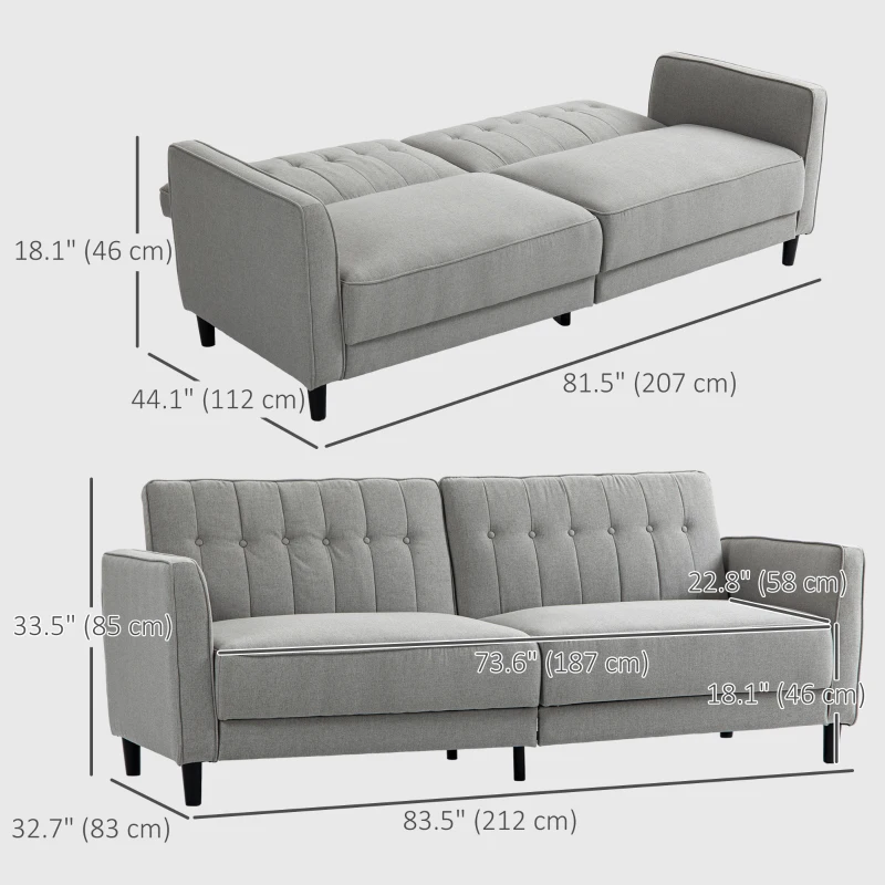 HOMCOM Convertible Bed with Couch, Button Tufted Fabric Sofa Bed with Adjustable Back for Living Room, Grey