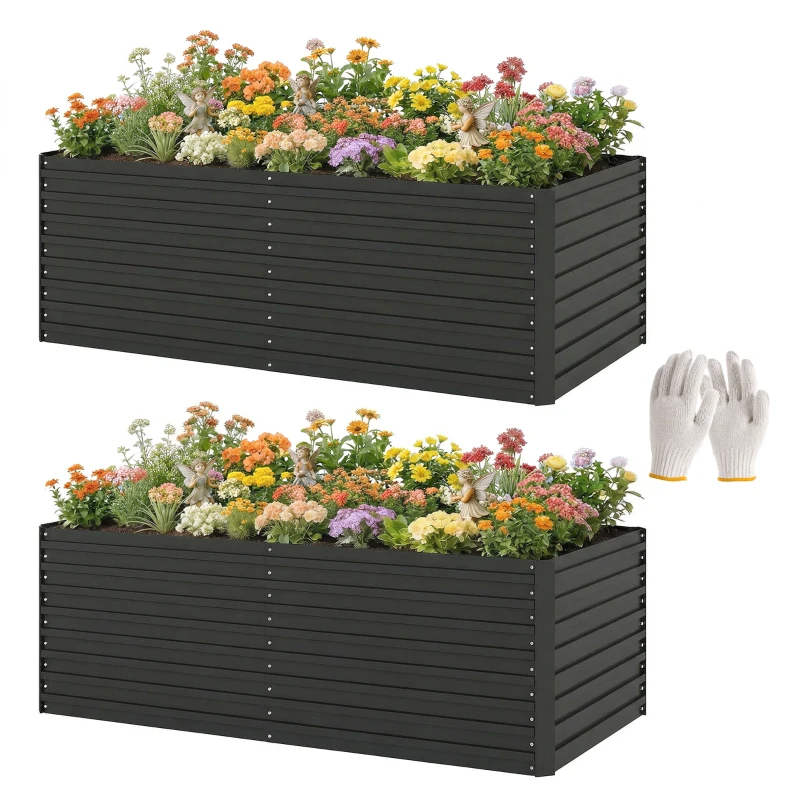 Outsunny 6' x 3' x 2' Raised Garden Bed, Set of 2 Galvanized Planter Box for Vegetables, Flowers, Herbs, Dark Grey