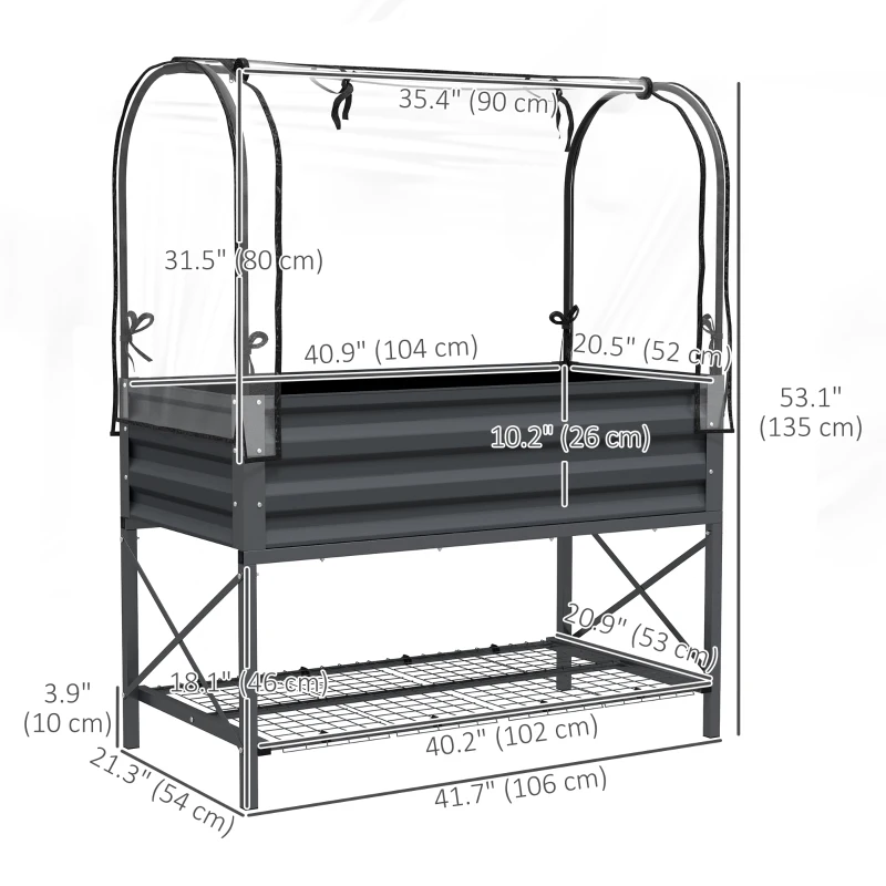 Outsunny Raised Garden Bed with Cover, Metal Elevated Planter Box with Bottom Shelf and Liner, Dark Grey