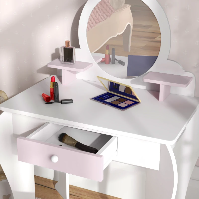 Qaba Kids Makeup Vanity Set with Stool, Mirror, Drawer, Storage Boxes, Rabbit Design, White