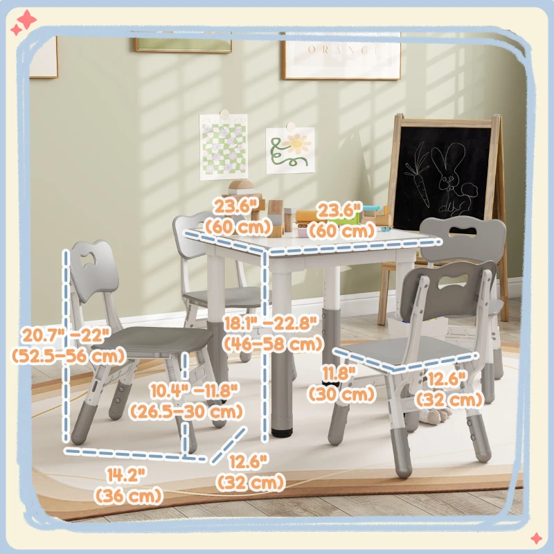 Qaba 5 Pieces Toddler Table and Chair Set, Height Adjustable Activity Table and Chair Set for Nursery Classroom, Grey