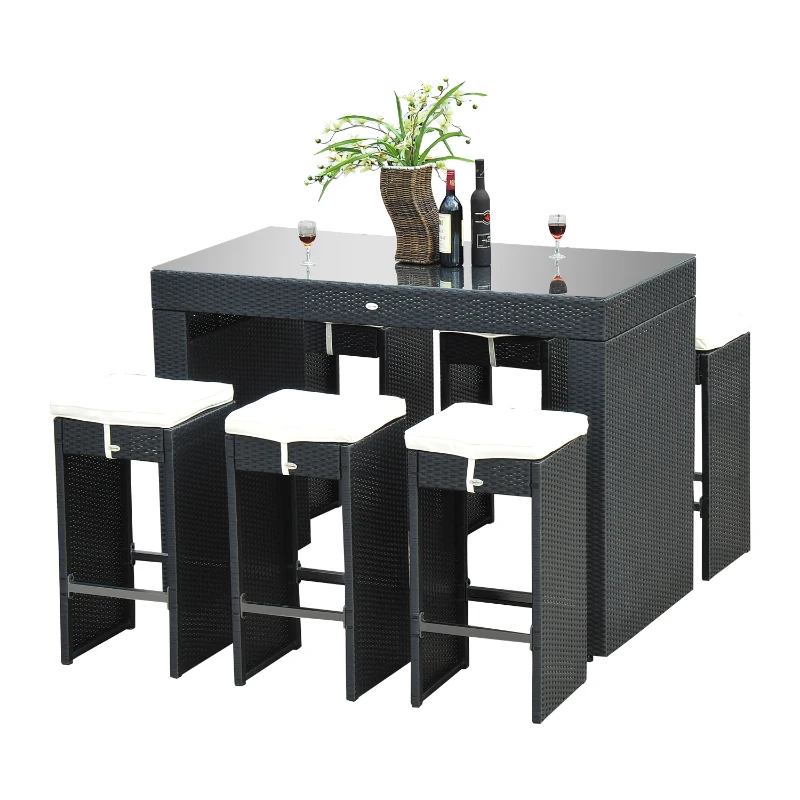 Outsunny 7pcs Rattan Bar Set Garden Wicker Dining Set 1 Table w/ 6 Stools and Cushion Outdoor Yard Patio Furniture Aluminum Frame All Weather