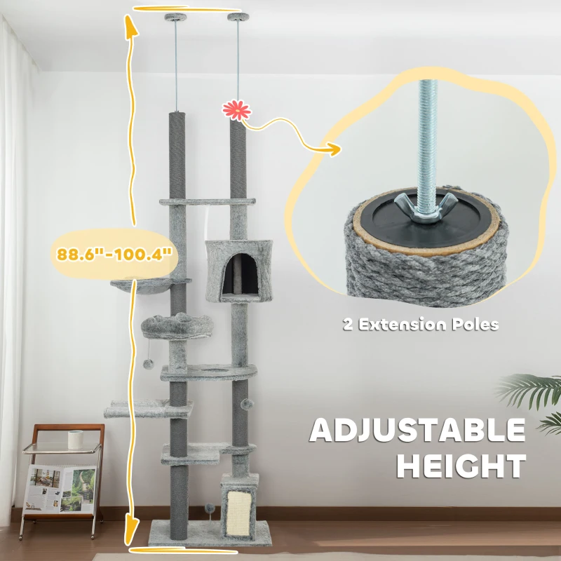 PawHut 89"-100" Floor to Ceiling Cat Tree for Indoor Cats, Activity Center with Cat Perch & Condo, Gray
