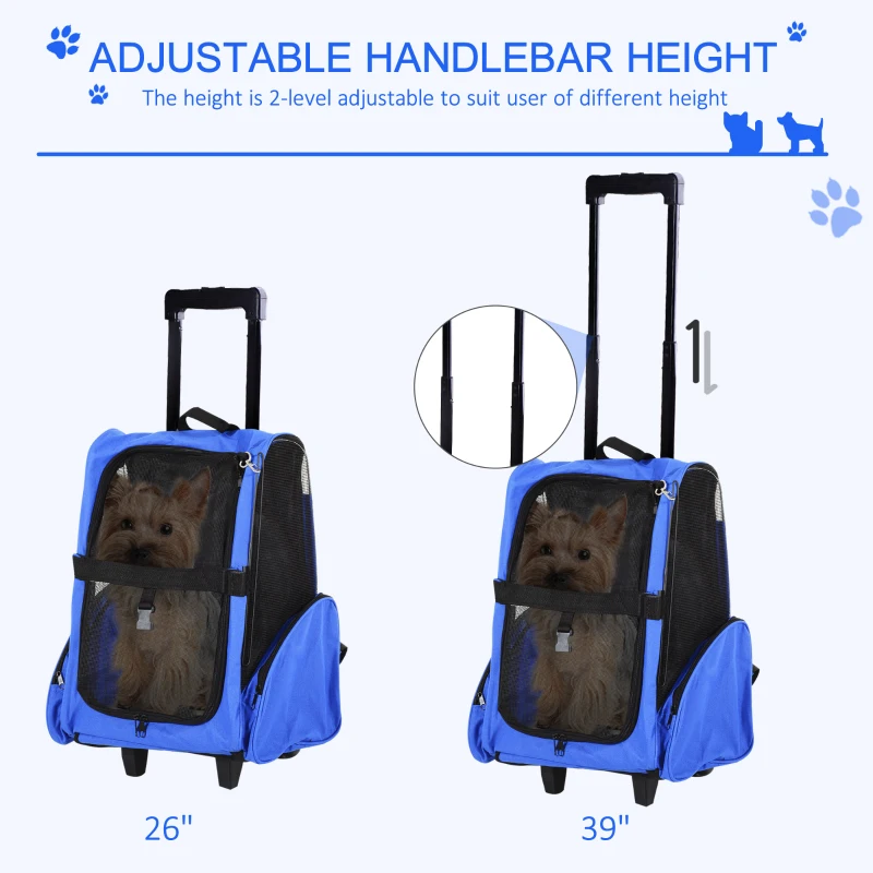 PawHut Rolling Pet Carrier Backpack with Breathable Mesh, Side Pockets, Safety Buckle, for Cats & Small Dogs under 9 lbs, Blue