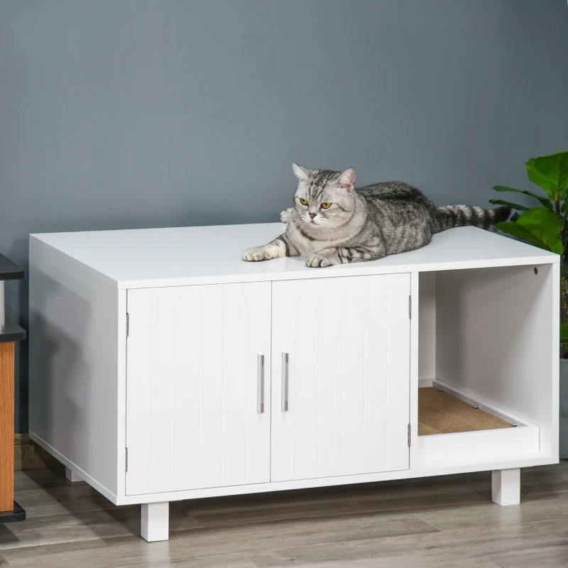 PawHut Wooden Cat Litter Box Enclosure & House, Kitty Hidden Washroom, with End Table Design, Scratcher, & Magnetic Doors, White