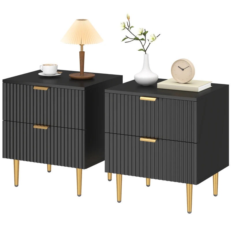 HOMCOM Bedside Table Set of 2, Modern Nightstand with 2 Drawers, Side End Table with Metal Legs for Living Room, Bedroom, Black