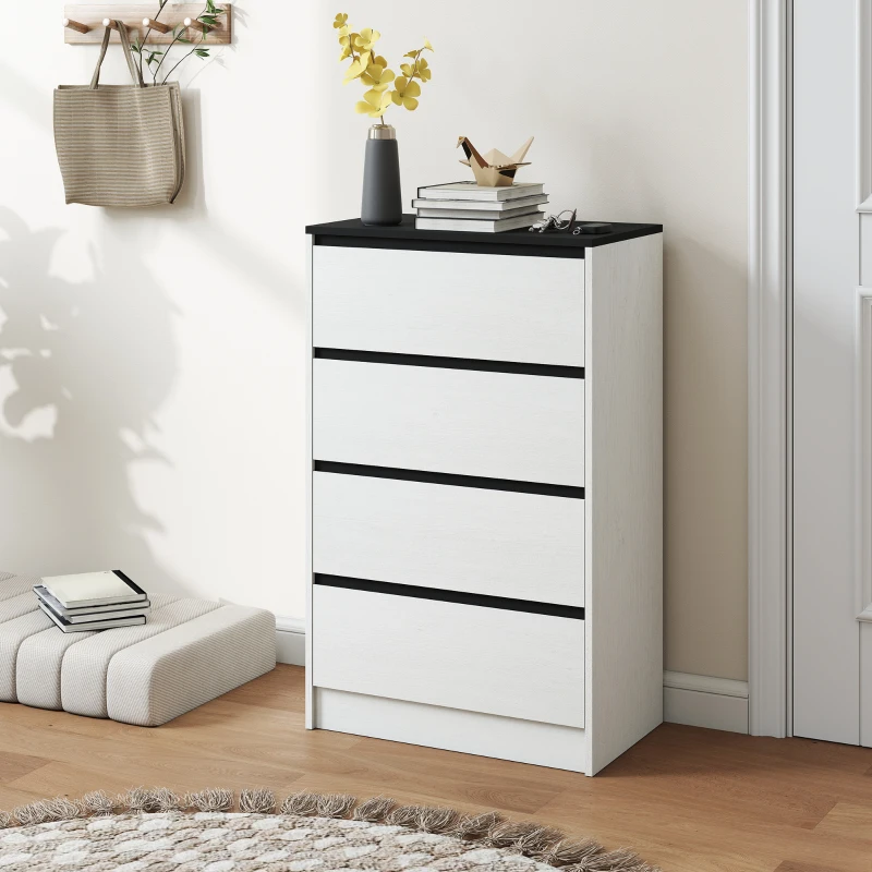 HOMCOM Tall Chest of Drawers, 4 Drawer Dresser for Bedroom, Living Room, Hallway, Modern Storage Cabinet, White Wood Effect
