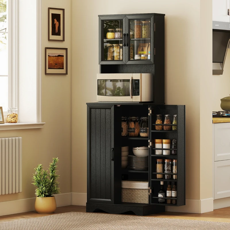 HOMCOM 71" Kitchen Pantry Cabinet, Freestanding Kitchen Hutch with 8 Door Shelves, Adjustable Shelf and Acrylic Doors, Black
