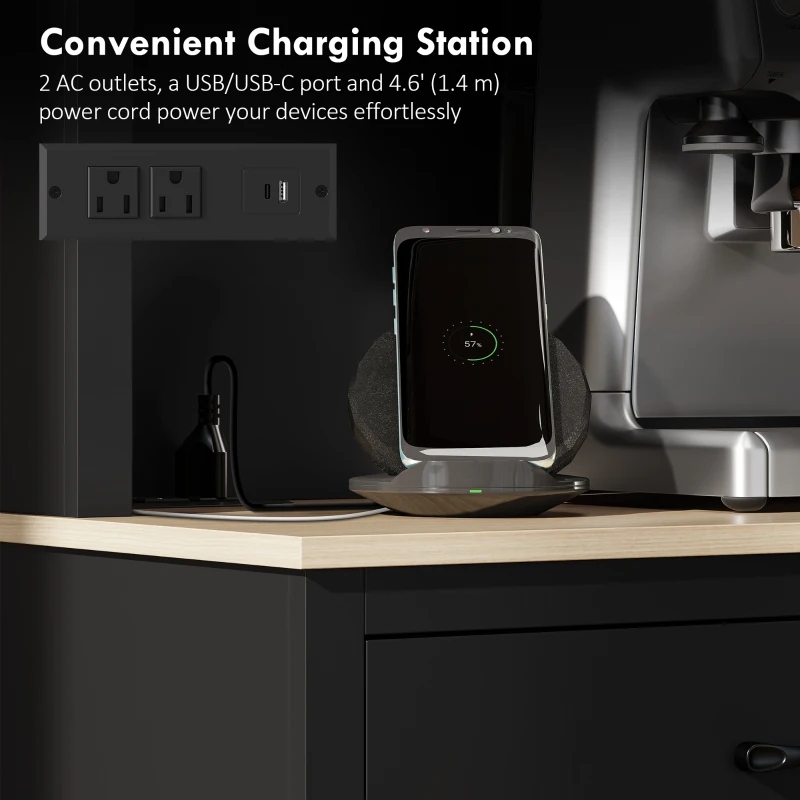 HOMCOM 69" Kitchen Pantry Cabinet with Charging Station Kitchen Cabinet with Microwave Stand 7 Gallon Trash Can Cabinet Black
