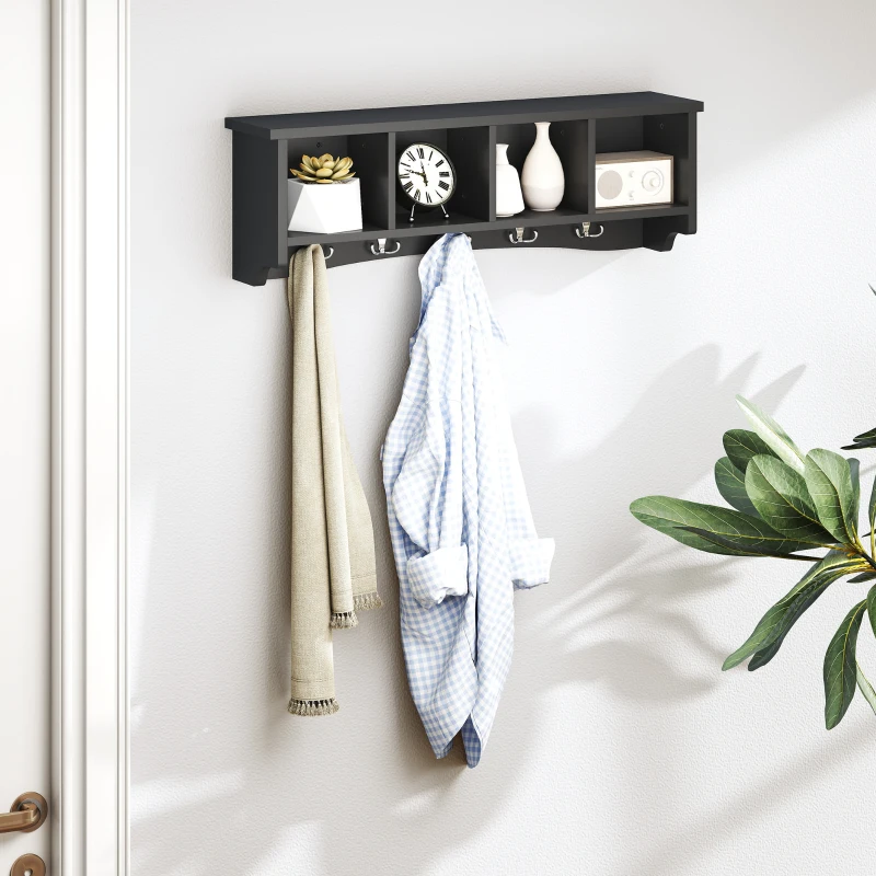 HOMCOM Coat Rack Wall Mount with Shelf, 28" Wall Coat Rack with 5 Hooks and 4 Compartments for Living Room, Entryway, Black