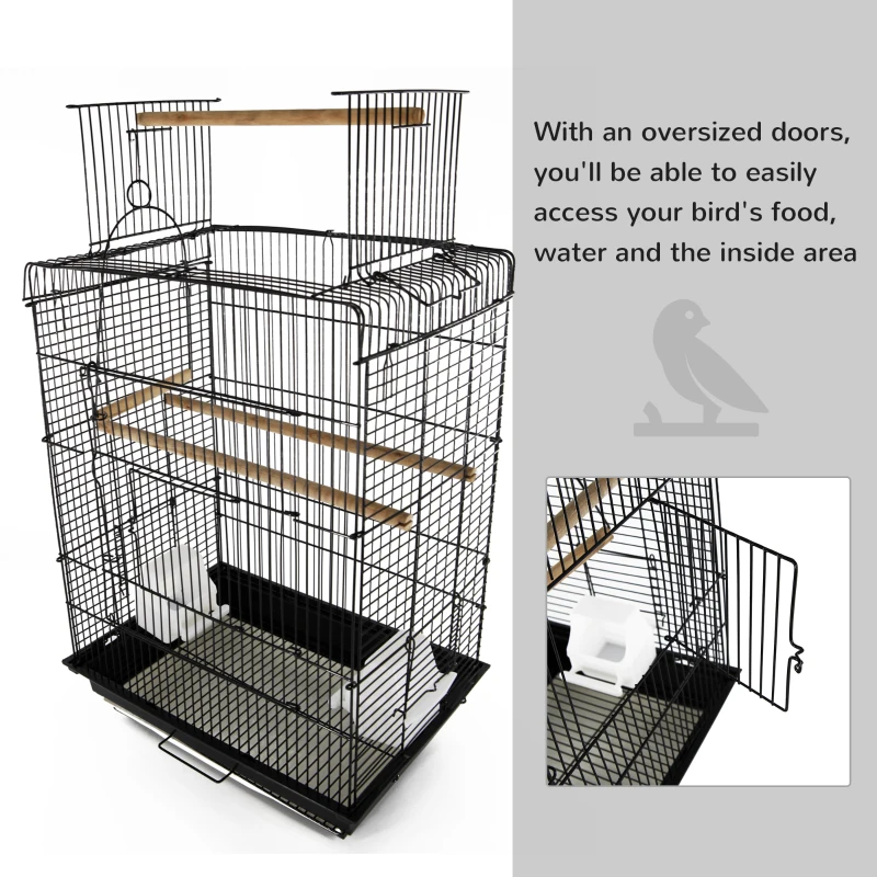 PawHut 28"H Steel Bird Cage with Open Play Top, Perch, Feeding Bowl for Parrot Lovebirds Parakeets Cockatiels - Black