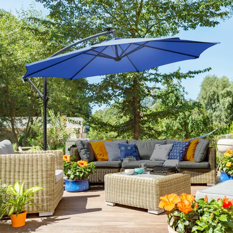 Outsunny 10ft Cantilever Solar Hanging Offset Umbrella Outdoor LED Lights Aluminum Market Banana Parasol Crank w/ Cross Base Garden Sun Shelter Blue