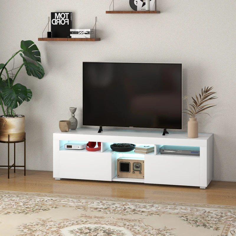 HOMCOM Modern TV Stand with Storage and LED Lights for TVs up to 55", TV Cabinet with Open Compartments, High Gloss White