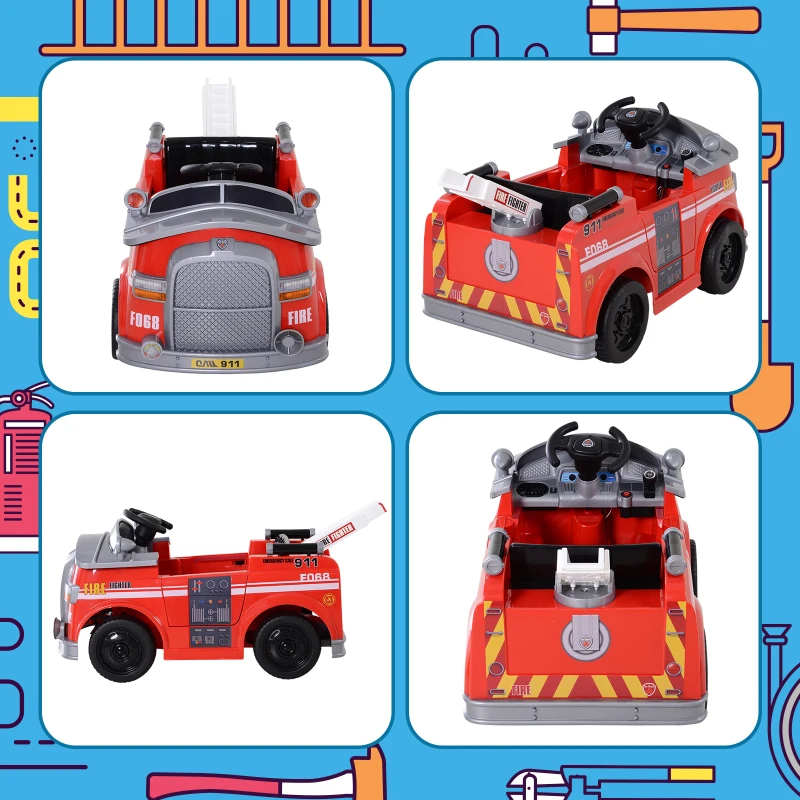 Aosom Kids Ride-On Car Fire Truck, 6V 7AH Battery Powered Fire Car with Parental Remote Control, Safety Belt, Lighting, Working Steering Wheels, Horn and Lift Ladder (Red)