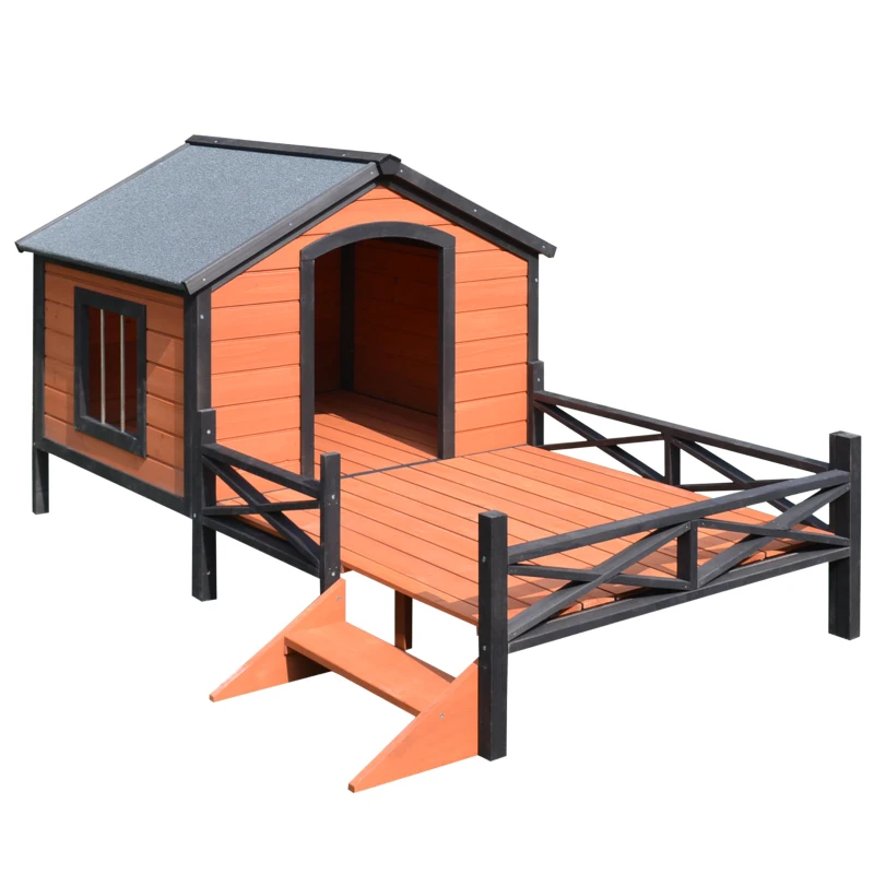 PawHut Wooden Dog House with Porch, Outside Dog House with Water-resistant Asphalt Roof, Ladders, Fencing, Window, for Small and Medium Dogs, Natural