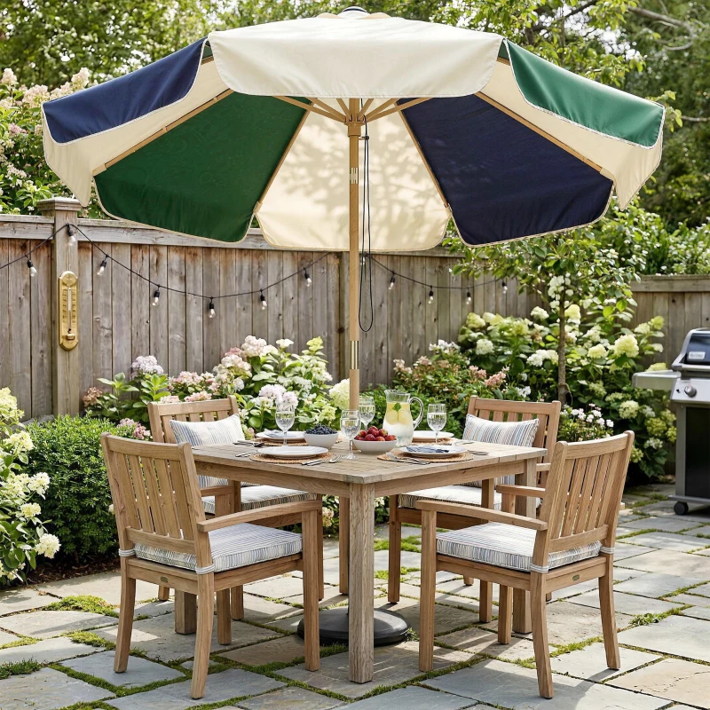 Outsunny 7.4 ft Patio Umbrella with Wood-Effect Frame, Colour-Blocked UPF 30+ Outdoor Market Table Umbrella Parasol, Dark Green
