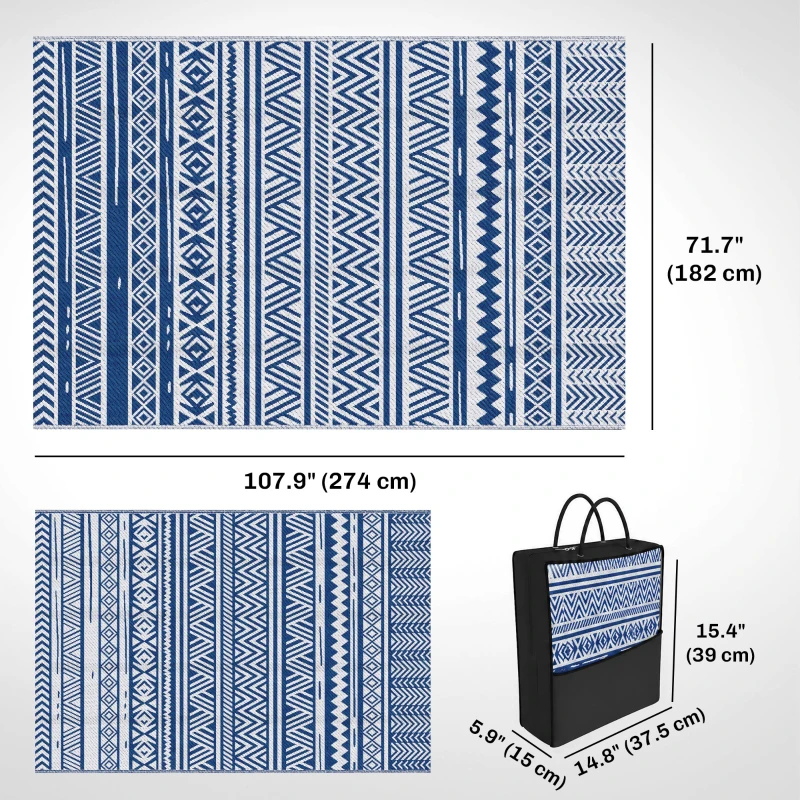 Outsunny Reversible Outdoor Rug, Patio Floor Mat, 6'x9' Plastic Straw Rug for Backyard Deck, Beach, Camping, Dark Blue and White