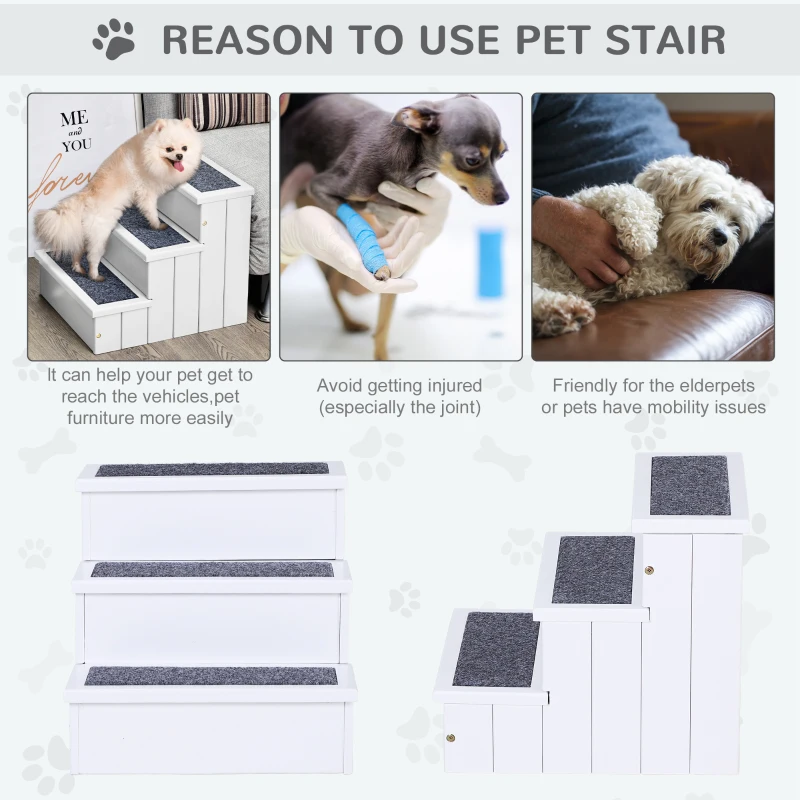 PawHut 3 Step Wooden Carpeted Non Slip Pet Stairs Ramp for Cats and Small Dogs - White