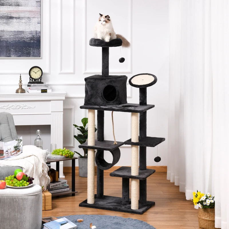 PawHut 67.75" Cat tree Tower Climbing Kitten Activity Center Furniture with Jute Scratching Post Pad Condo Perch Hanging Balls Tunnel Teasing Rope Dark Grey