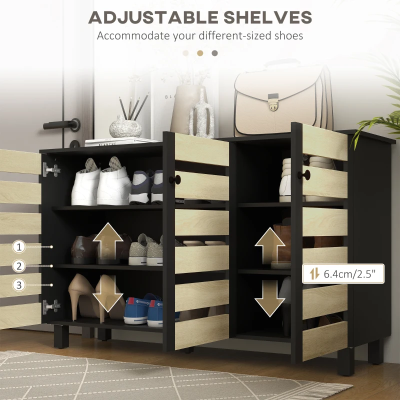 HOMCOM Shoe Cabinet with 3 Slatted Doors, 3-tier Shelving Rack Cabinet with Adjustable Shelves for 15 Pairs of Shoes, Black