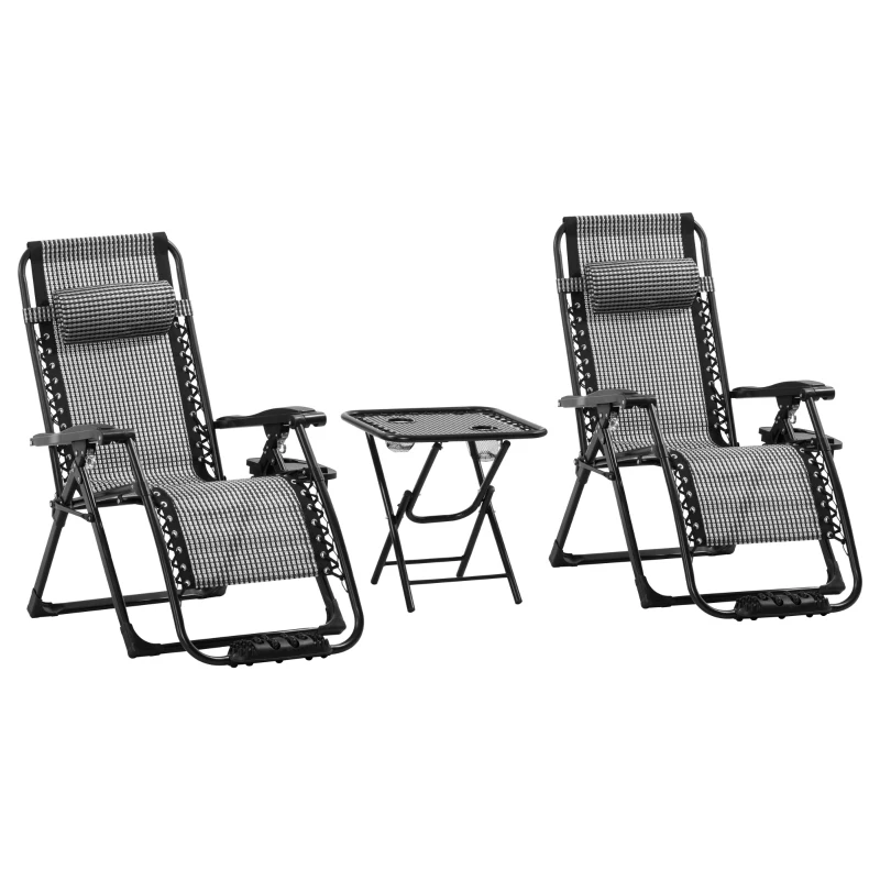 Outsunny 3 Pieces Foldable Patio Lounge Chair, Zero Gravity Chair Set of 2 with Side Table and Cup Holder, Reclining Chairs with Foot Massager Function, Headrest, Grey and Black
