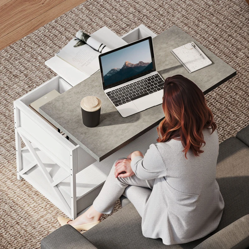 HOMCOM Modern Coffee Table, Lift Top Center Table with Fabric Drawers and Hidden Storage for Living Room, Cement Grey