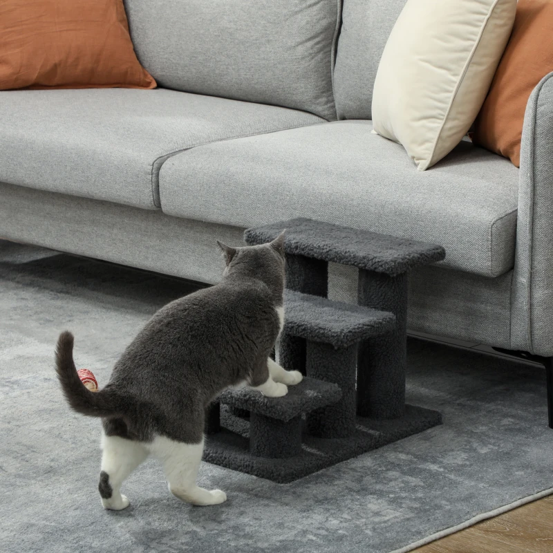 PawHut 3 Tier Pet Stairs Dog Cat Step Scratch Post Furniture,  Dark Grey