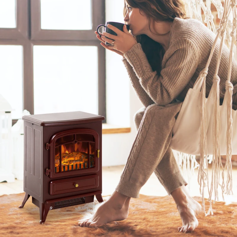 HOMCOM 16" Free Standing Electric Fireplace Portable Adjustable Stove with Heater Wood Burning Flame 750/1500W Red Brown