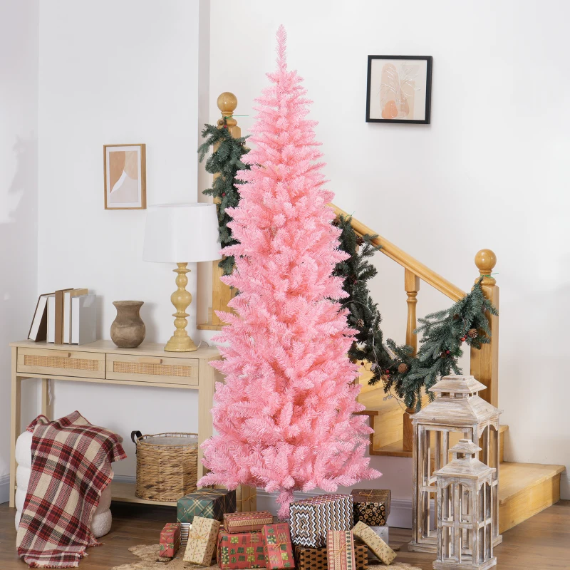 HOMCOM 7ft Tall Pencil Artificial Christmas Tree with 687 Branch Tips with Steel Base, Pink