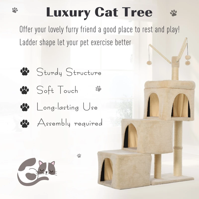 PawHut 3- Levels Plush Cat Tree Tower Ladder Shape Activity Center with Sisal Scratching Posts 3 Condos Funny Sticks and Balls, Beige