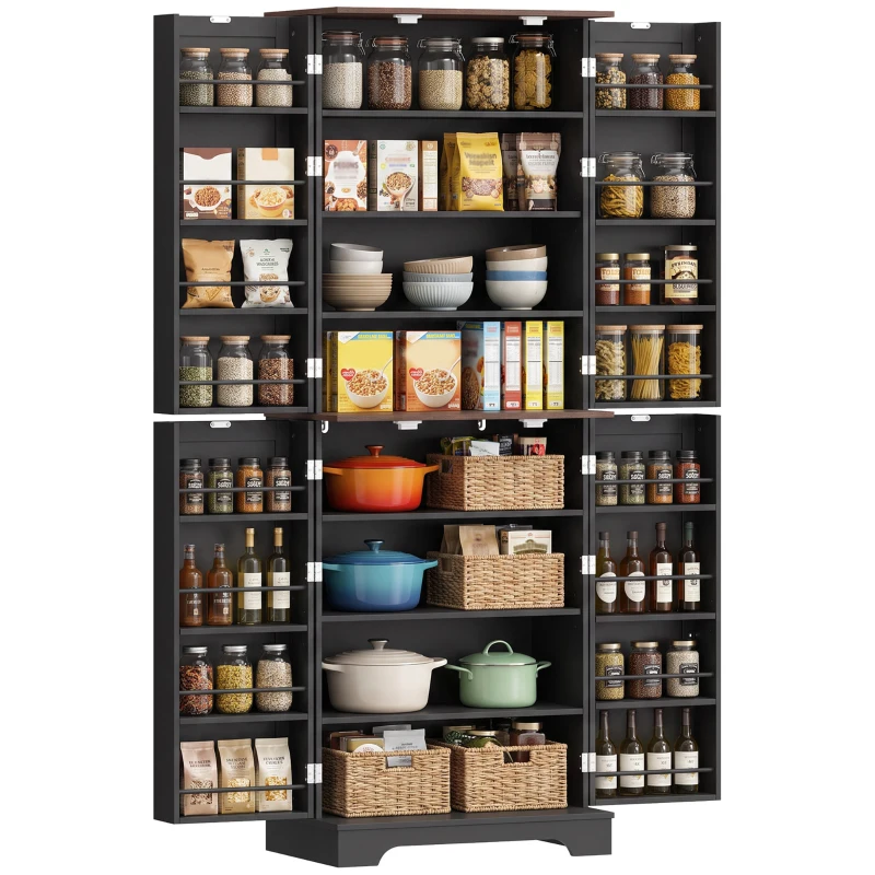 HOMCOM 166 cm Kitchen Pantry Cabinet Adjustable Shelves Tall Storage Cabinet Door Shelves 8 Shelves Brown Black