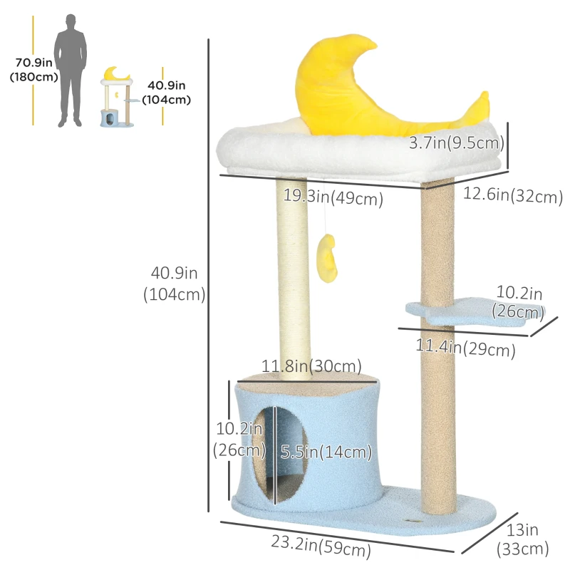 PawHut Moon Cat Tower for Indoor Cats with Teddy Fleece House Bed Scratching Post Hanging Toy Star Platform 41" Blue