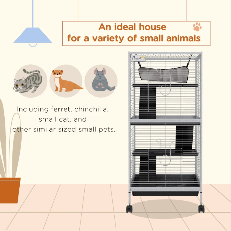 PawHut Steel Small Animal Cage for Ferret, Chinchilla, Kitten and Rabbit, Light Grey