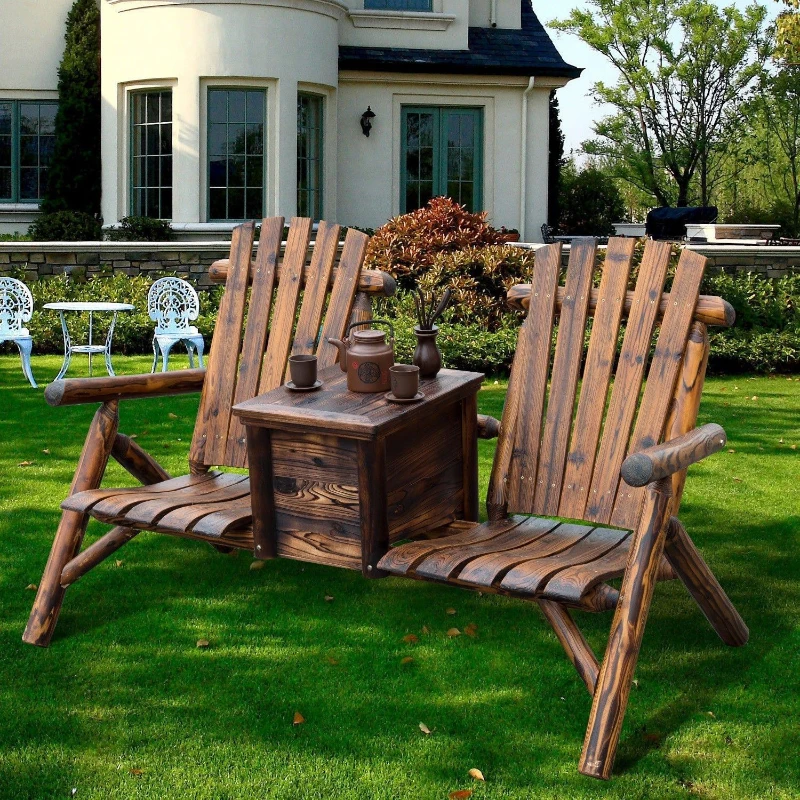 Outsunny 64" Double Wooden Garden Bench with Table, 2-Seater Adirondack Loveseat with Ice Bucket, High Backrest, Armrests, for Yard, Lawn, Porch, Patio, Rustic Brown